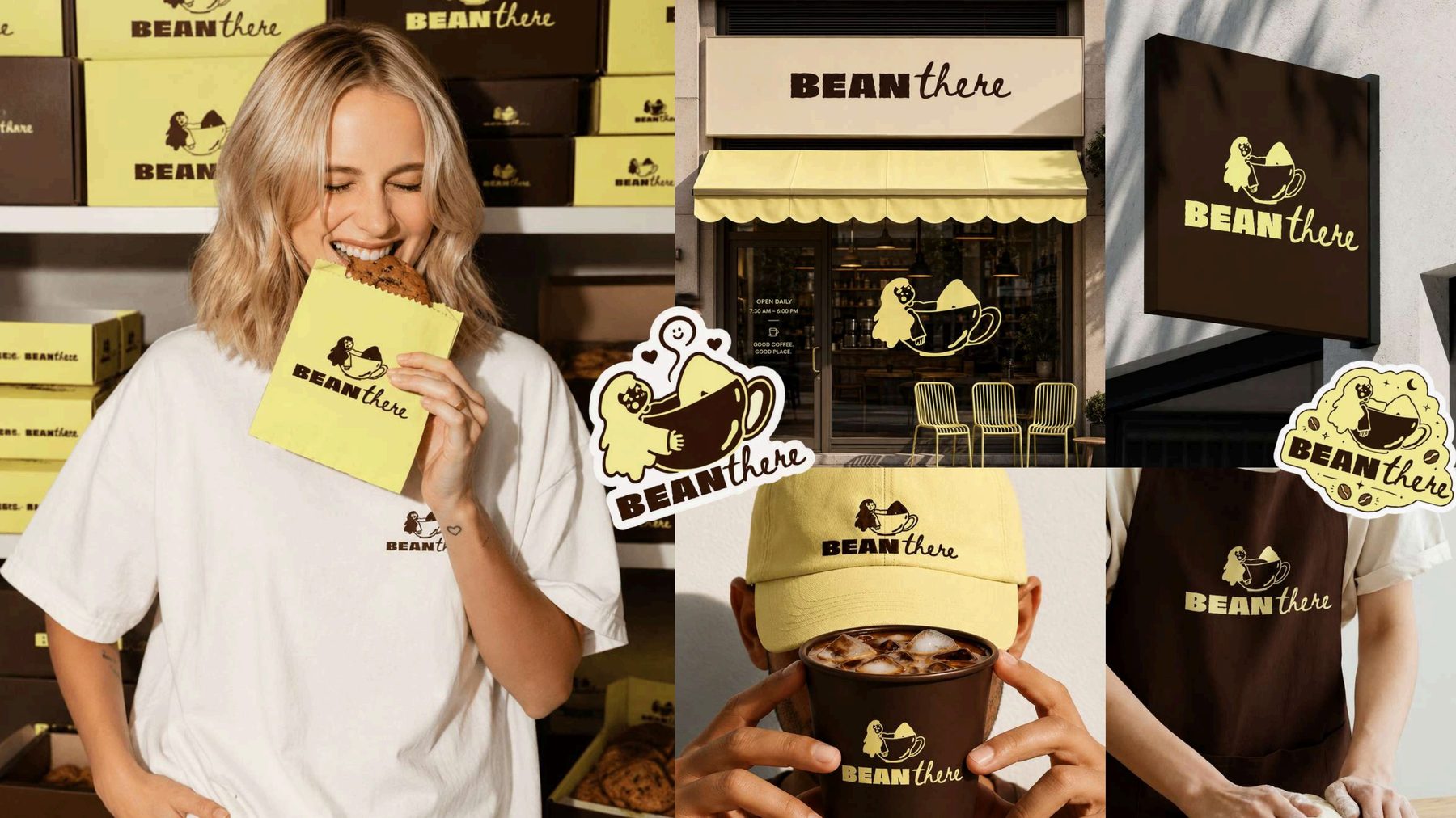 BEANthere branding collage across packaging, signage, apparel and stickers