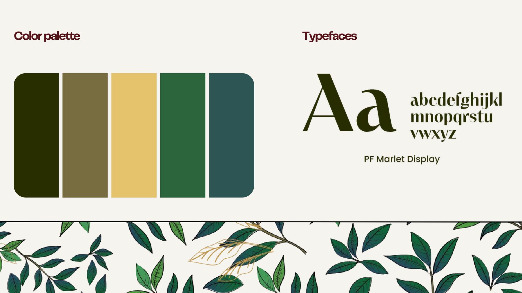 Ceylon Gold colour palette, typefaces and botanical pattern