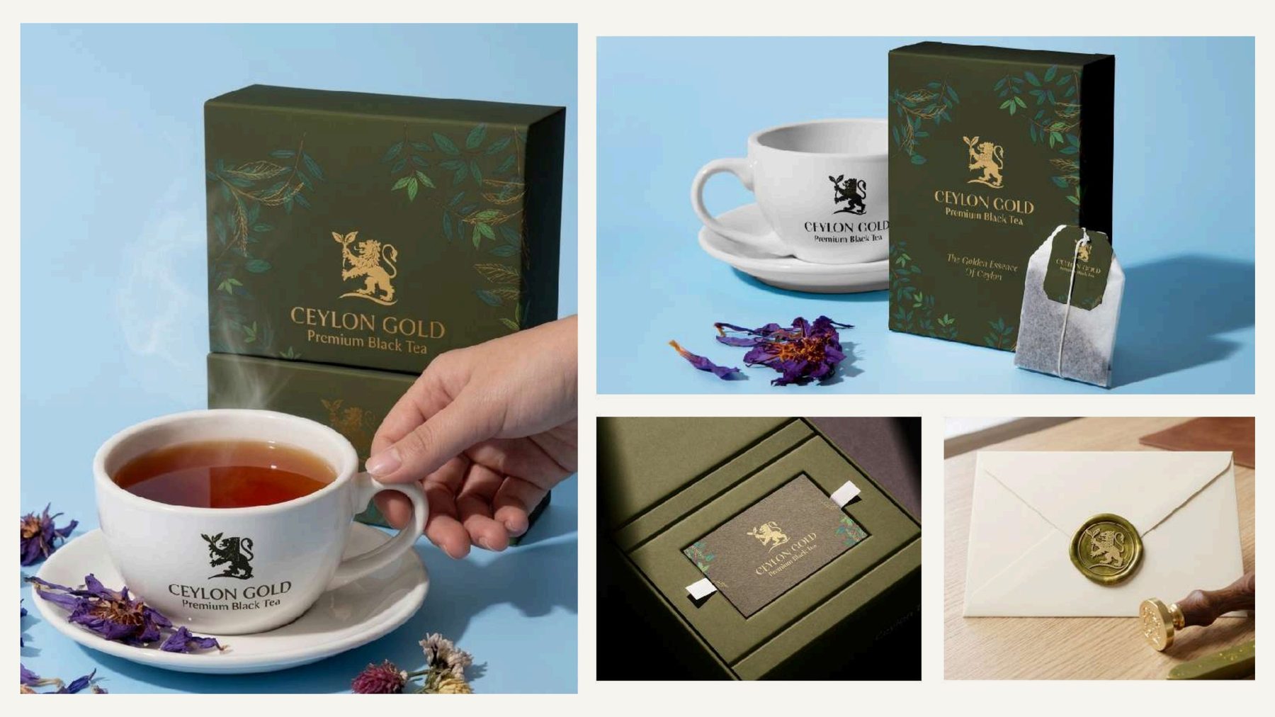 Ceylon Gold tea box, cup, tea bag and wax-sealed envelope