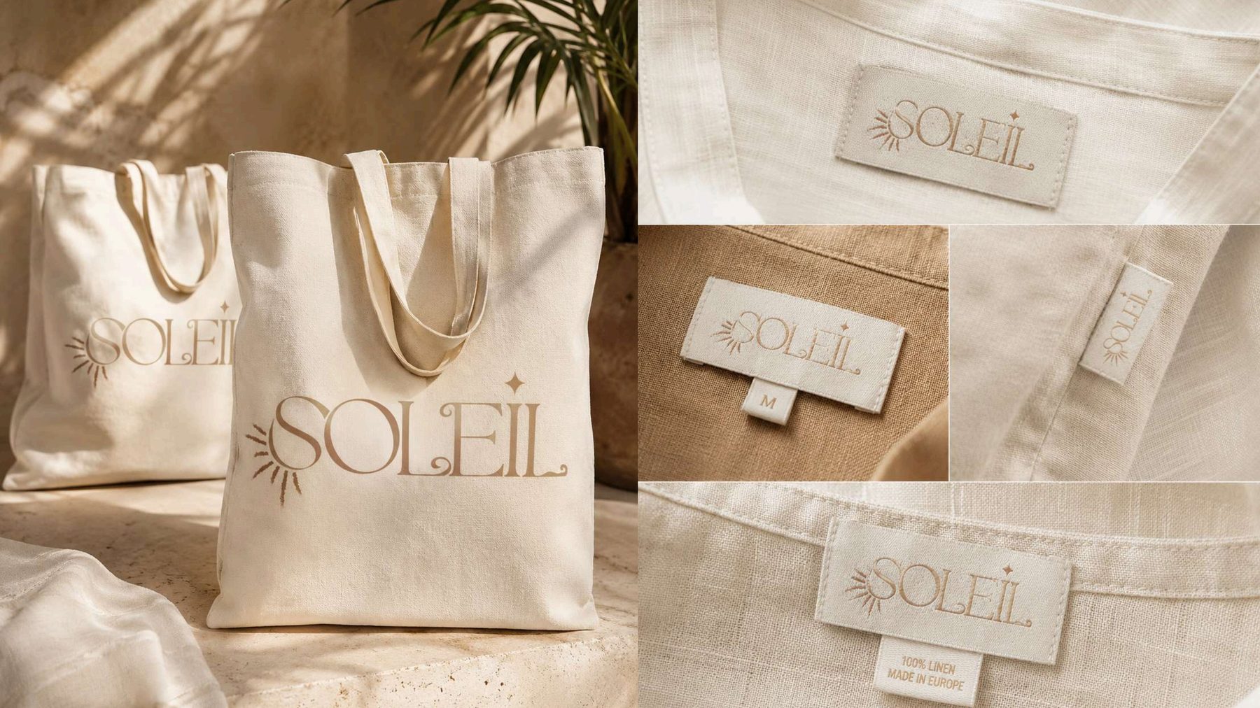SOLEIL linen bags and clothing labels