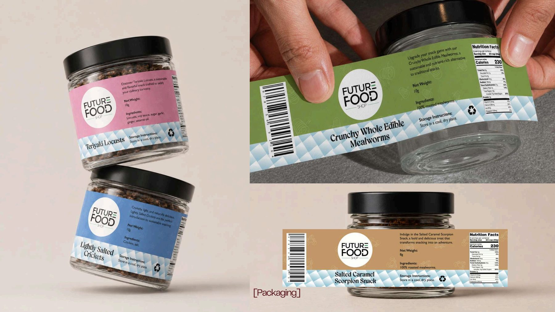 Future Food Shop edible insect packaging with nutrition panels