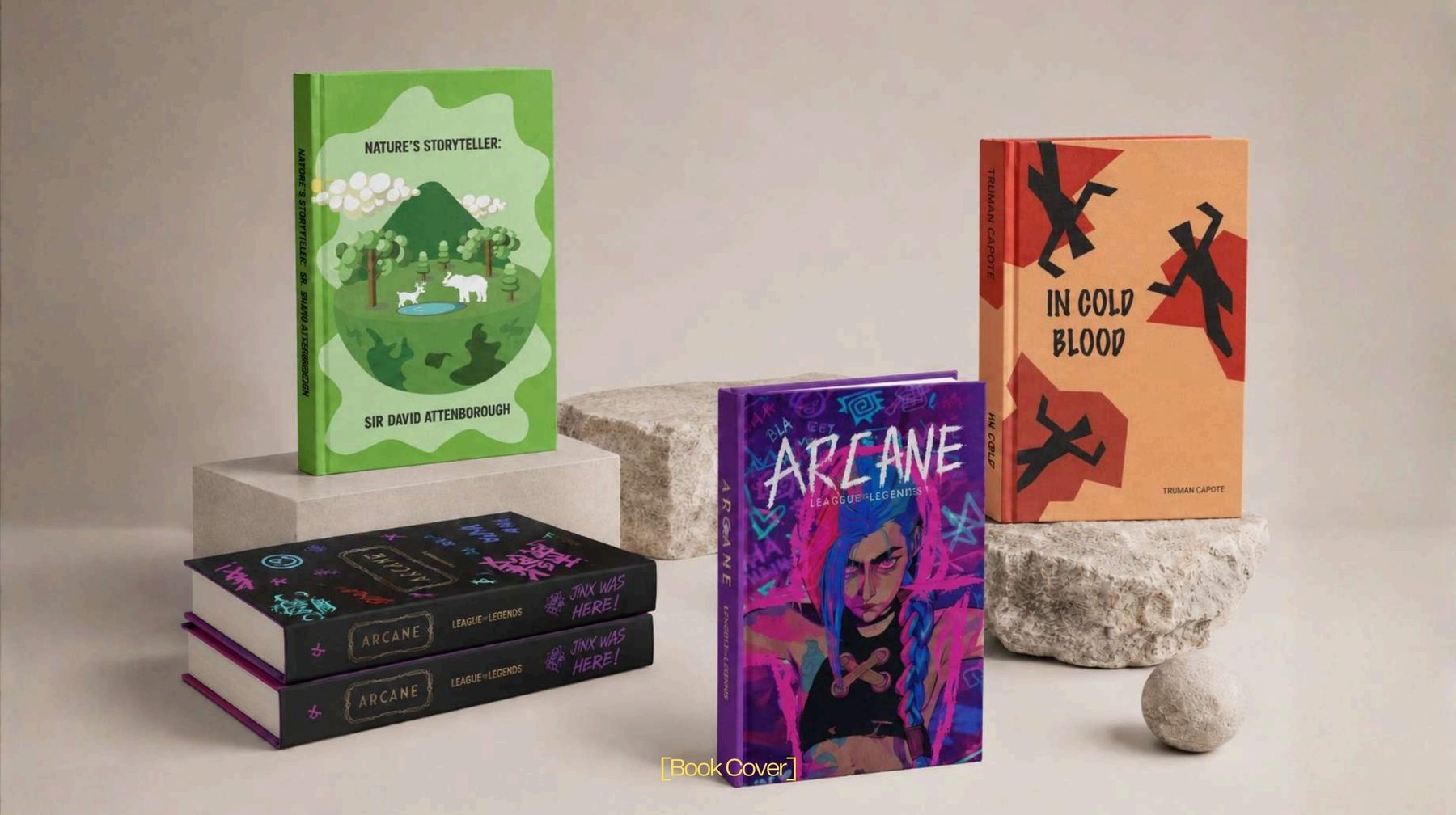 Book covers displayed on a shelf
