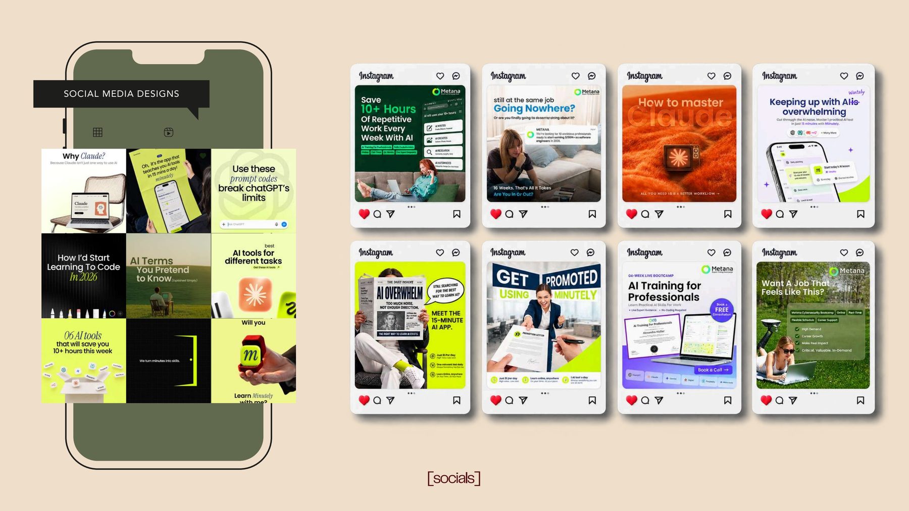 Grid of professional social media and campaign post designs