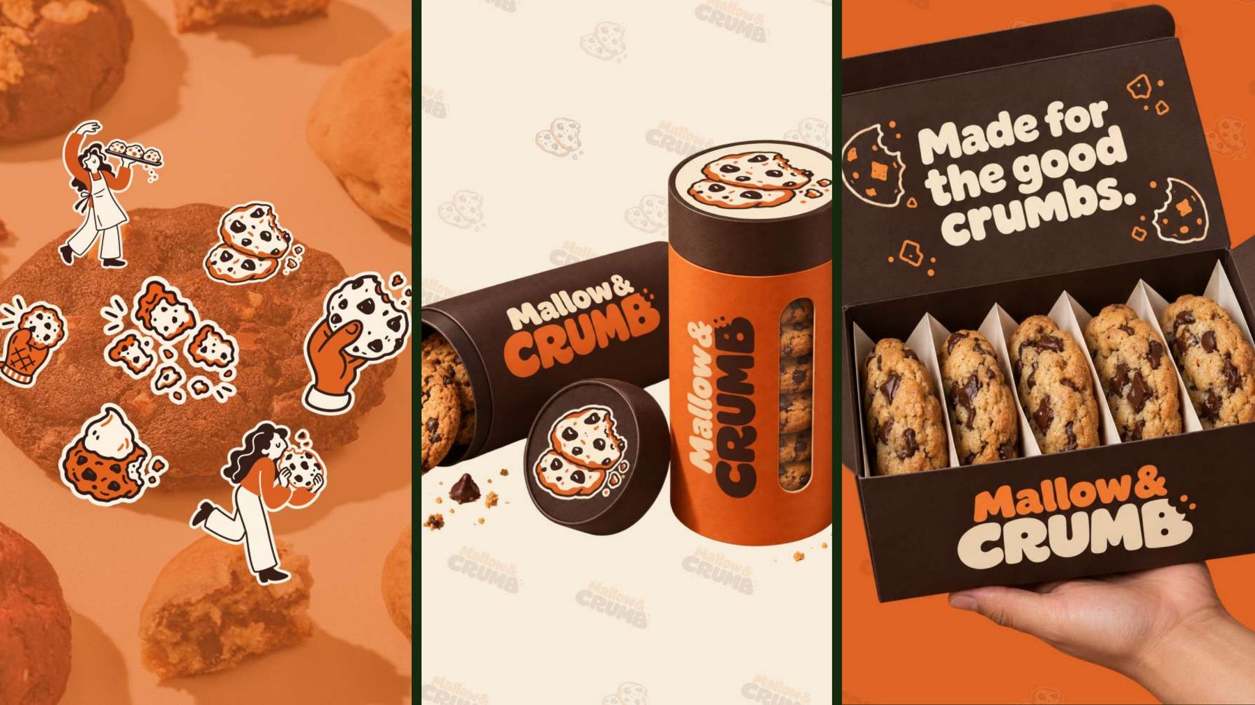 Mallow & Crumb illustrated stickers, cookie tubes, and box packaging