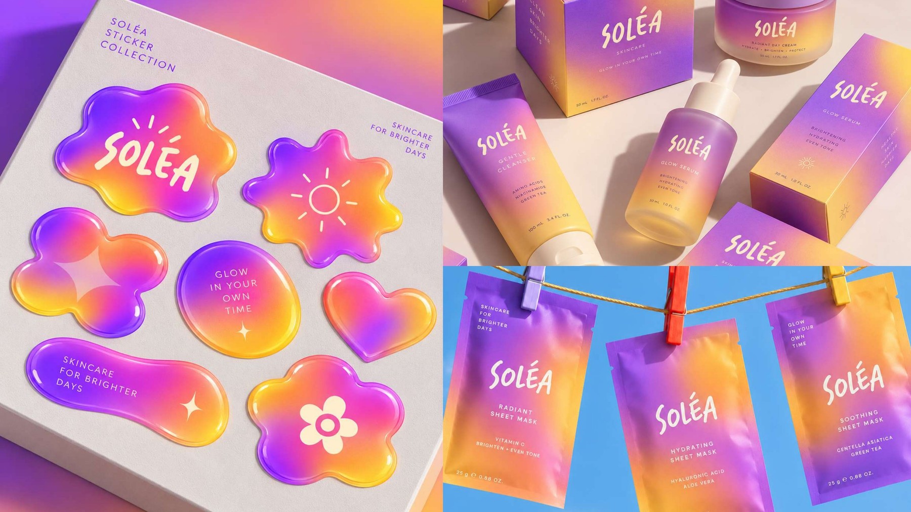SOLÉA holographic sticker collection, skincare tubes, serum dropper and sheet masks