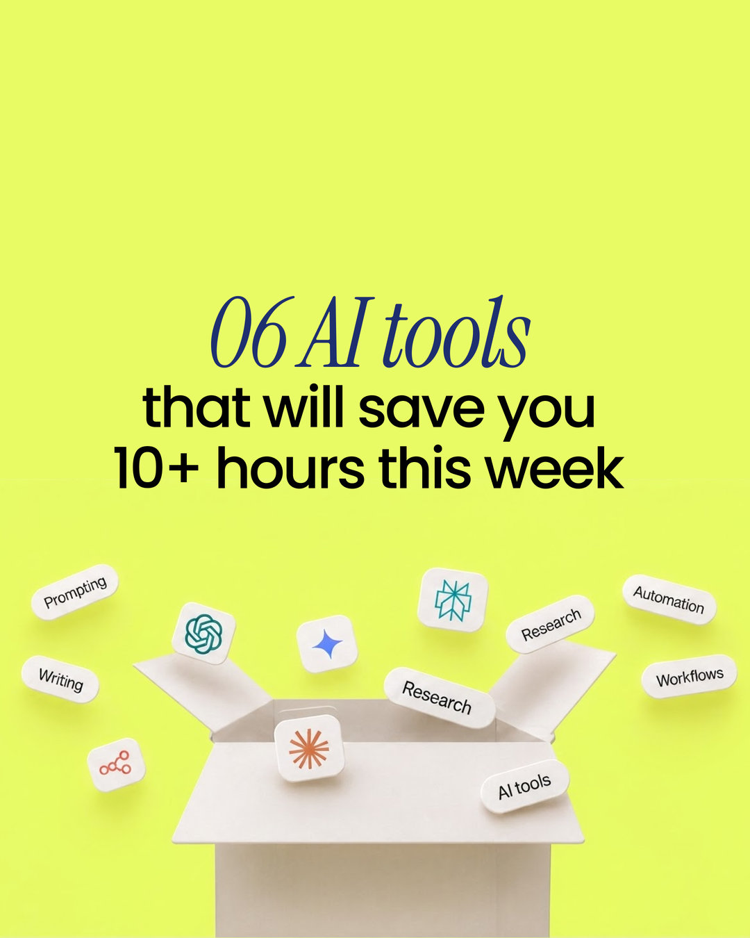 Social post graphic: 06 AI tools that will save you 10+ hours this week